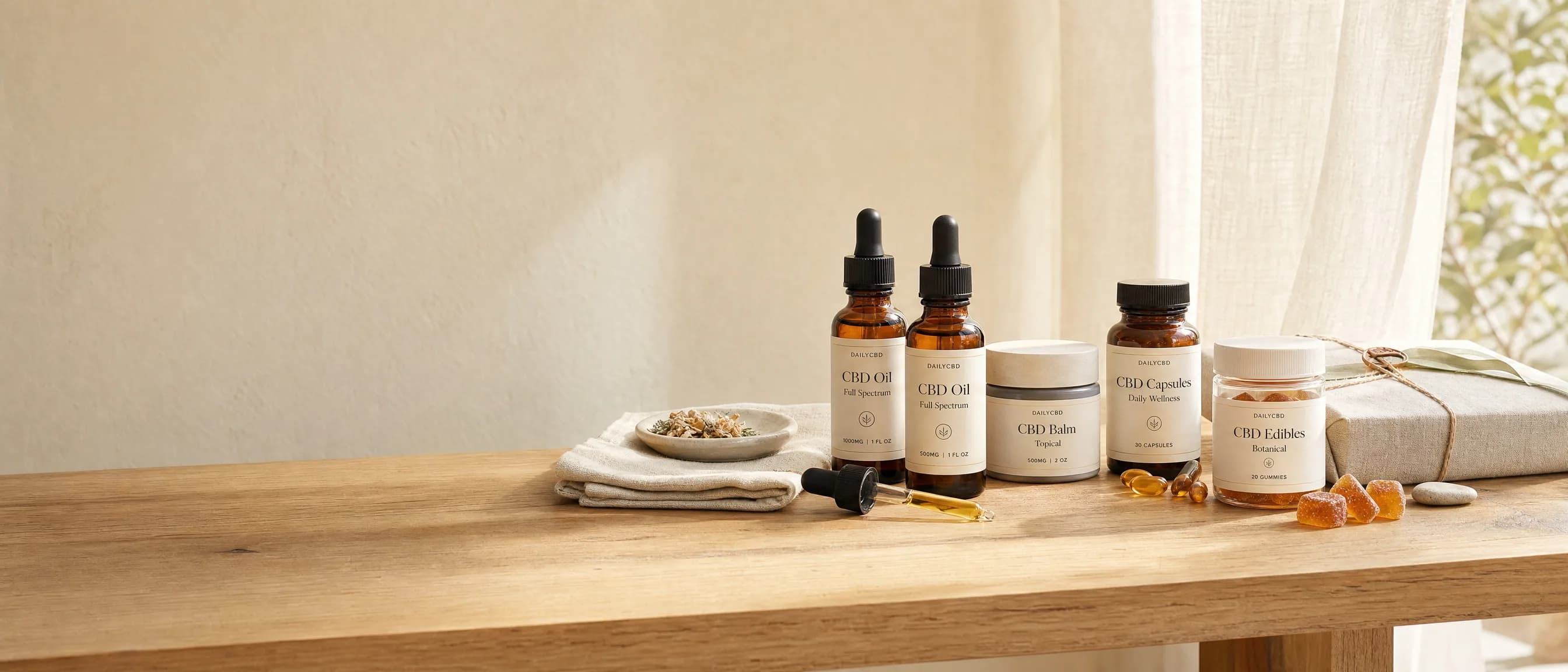CBD ulja, kapsule i balzami na drvenom stolu