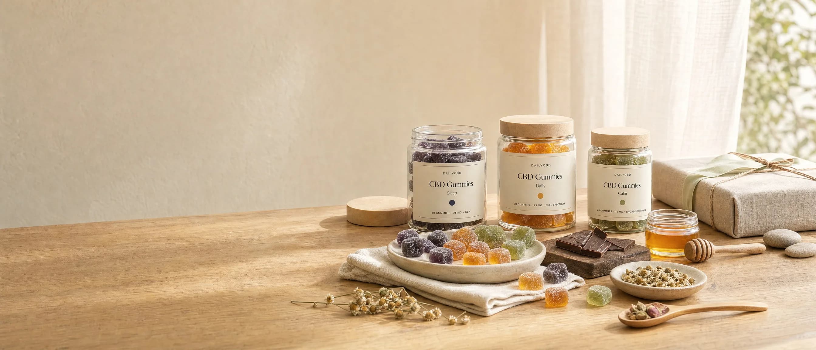 Jars of CBD gummies with honey and chocolate on a wooden table